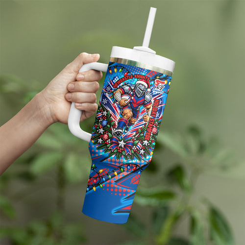 Personalized Newcastle Knights Rugby Christmas Tumbler With Handle Holiday Mascot Graphic Art Festive Lights Bow