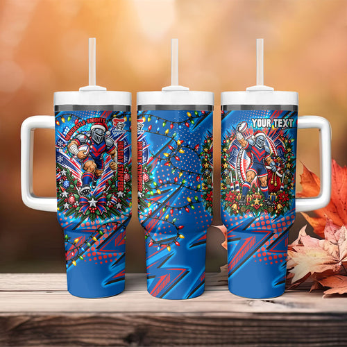 Personalized Newcastle Knights Rugby Christmas Tumbler With Handle Holiday Mascot Graphic Art Festive Lights Bow