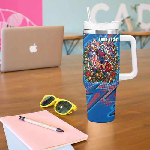 Personalized Newcastle Knights Rugby Christmas Tumbler With Handle Holiday Mascot Graphic Art Festive Lights Bow