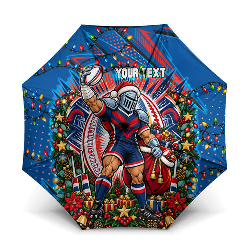 Personalized Newcastle Knights Rugby Christmas Umbrella Holiday Mascot Graphic Art Festive Lights Bow