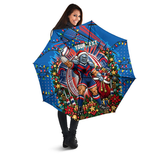 Personalized Newcastle Knights Rugby Christmas Umbrella Holiday Mascot Graphic Art Festive Lights Bow