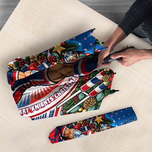 Personalized Newcastle Knights Rugby Christmas Umbrella Holiday Mascot Graphic Art Festive Lights Bow