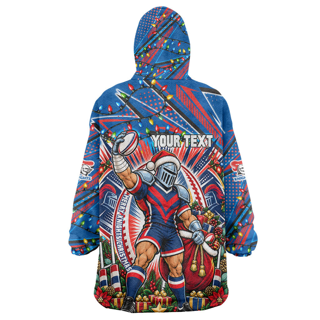 Personalized Newcastle Knights Rugby Christmas Wearable Blanket Hoodie Holiday Mascot Graphic Art Festive Lights Bow