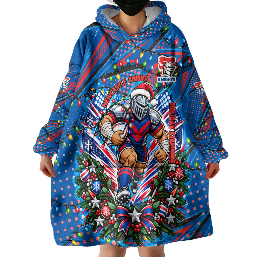 Personalized Newcastle Knights Rugby Christmas Wearable Blanket Hoodie Holiday Mascot Graphic Art Festive Lights Bow