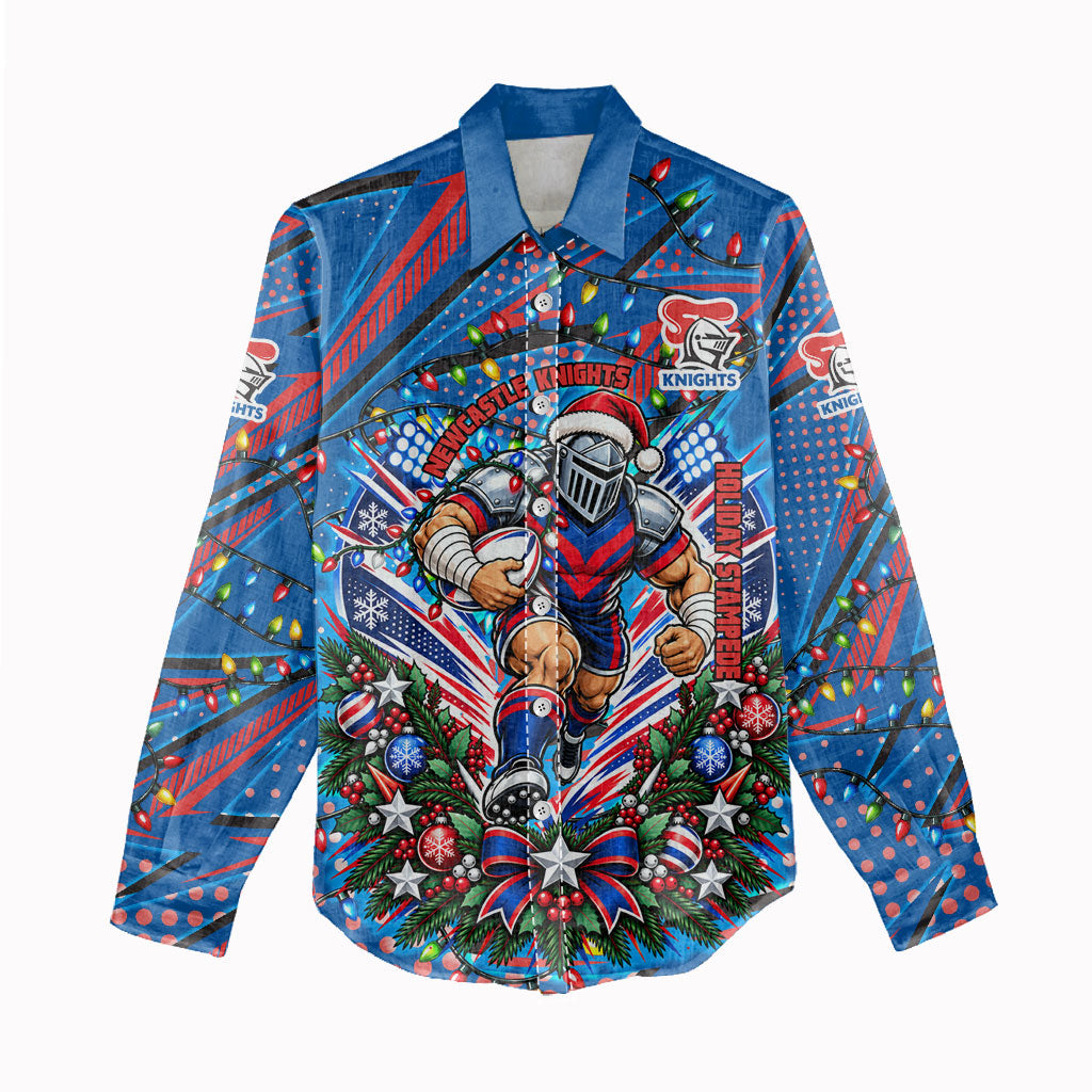 Personalized Newcastle Knights Rugby Christmas Women Casual Shirt Holiday Mascot Graphic Art Festive Lights Bow