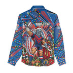 Personalized Newcastle Knights Rugby Christmas Women Casual Shirt Holiday Mascot Graphic Art Festive Lights Bow