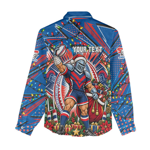 Personalized Newcastle Knights Rugby Christmas Women Casual Shirt Holiday Mascot Graphic Art Festive Lights Bow