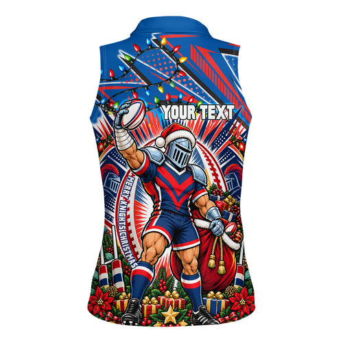 Personalized Newcastle Knights Rugby Christmas Women Sleeveless Polo Shirt Holiday Mascot Graphic Art Festive Lights Bow