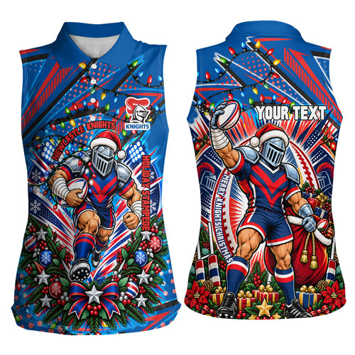 Personalized Newcastle Knights Rugby Christmas Women Sleeveless Polo Shirt Holiday Mascot Graphic Art Festive Lights Bow