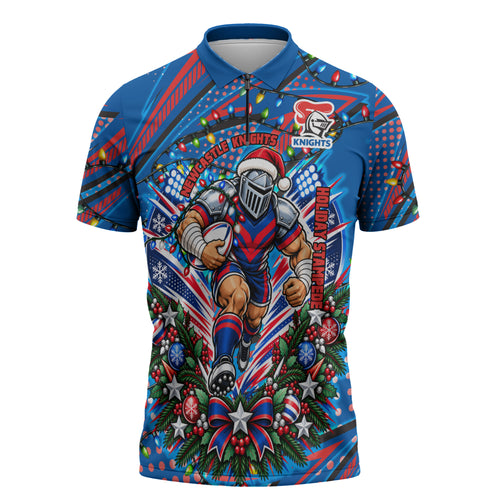 Personalized Newcastle Knights Rugby Christmas Zipper Polo Shirt Holiday Mascot Graphic Art Festive Lights Bow