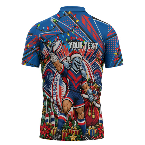 Personalized Newcastle Knights Rugby Christmas Zipper Polo Shirt Holiday Mascot Graphic Art Festive Lights Bow