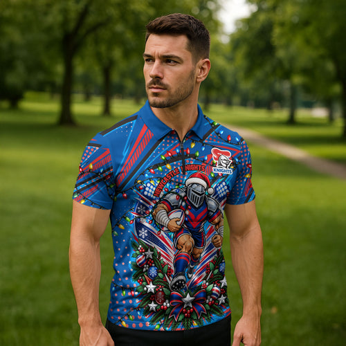 Personalized Newcastle Knights Rugby Christmas Zipper Polo Shirt Holiday Mascot Graphic Art Festive Lights Bow