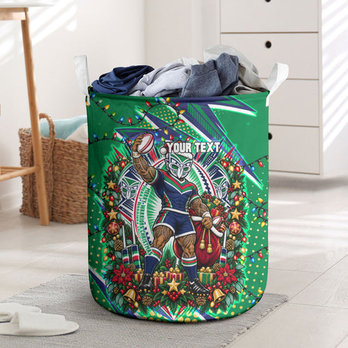 Personalized New Zealand Warriors Rugby Christmas Laundry Basket Holiday Mascot Graphic Art Festive Lights Bow