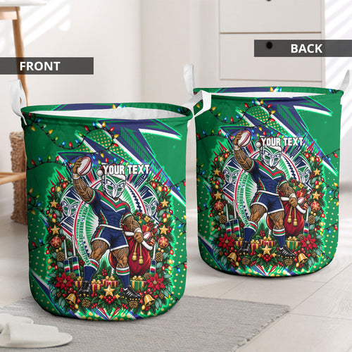 Personalized New Zealand Warriors Rugby Christmas Laundry Basket Holiday Mascot Graphic Art Festive Lights Bow