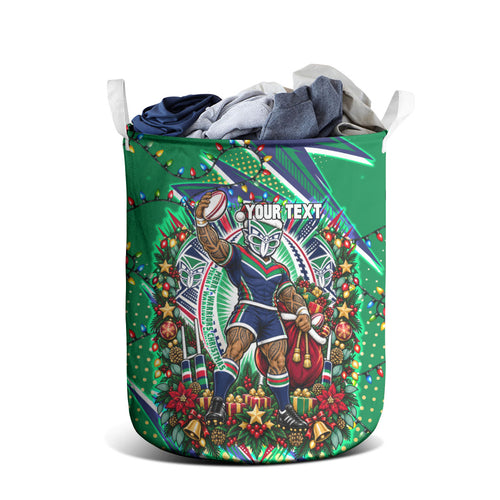 Personalized New Zealand Warriors Rugby Christmas Laundry Basket Holiday Mascot Graphic Art Festive Lights Bow