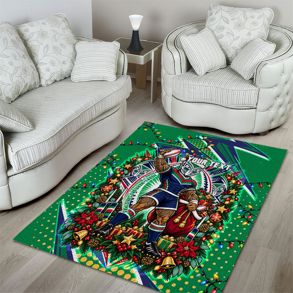 Personalized New Zealand Warriors Rugby Christmas Area Rug Holiday Mascot Graphic Art Festive Lights Bow
