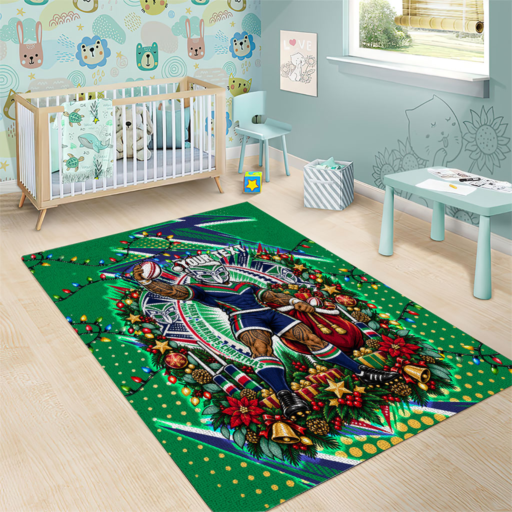 Personalized New Zealand Warriors Rugby Christmas Area Rug Holiday Mascot Graphic Art Festive Lights Bow