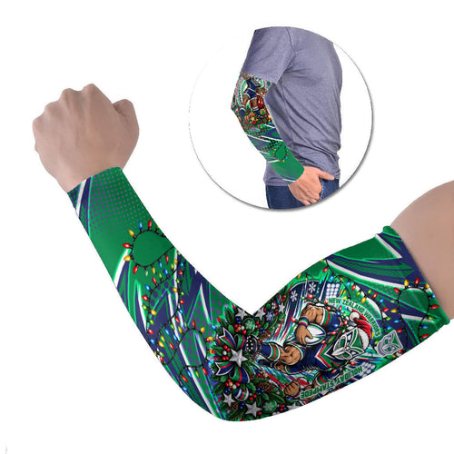 Personalized New Zealand Warriors Rugby Christmas Arm Sleeves Holiday Mascot Graphic Art Festive Lights Bow