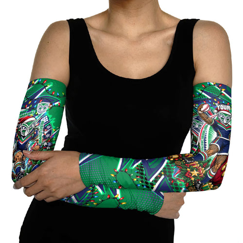 Personalized New Zealand Warriors Rugby Christmas Arm Sleeves Holiday Mascot Graphic Art Festive Lights Bow