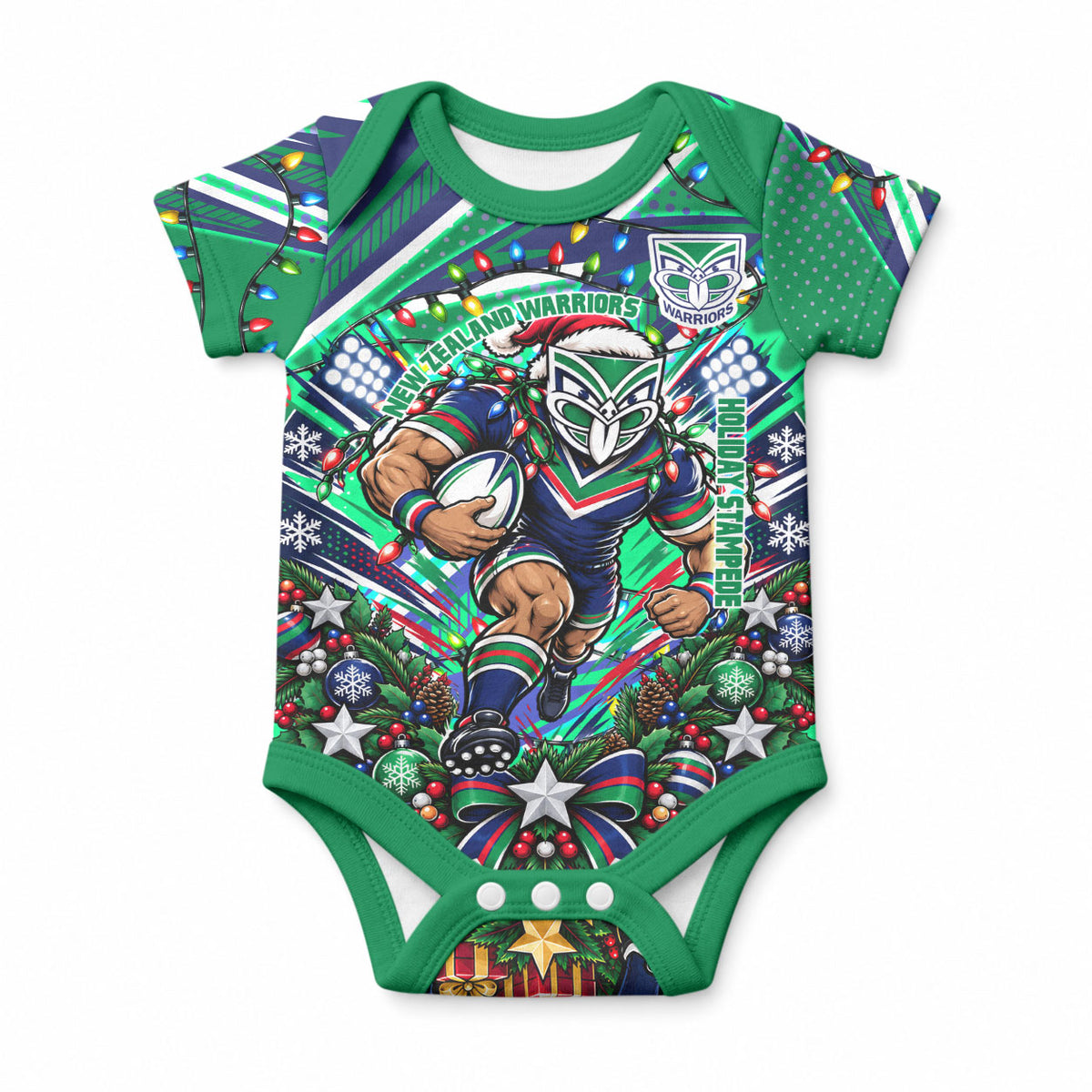 Personalized New Zealand Warriors Rugby Christmas Baby Onesie Holiday Mascot Graphic Art Festive Lights Bow