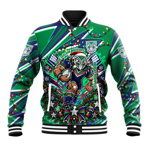 Personalized New Zealand Warriors Rugby Christmas Baseball Jacket Holiday Mascot Graphic Art Festive Lights Bow