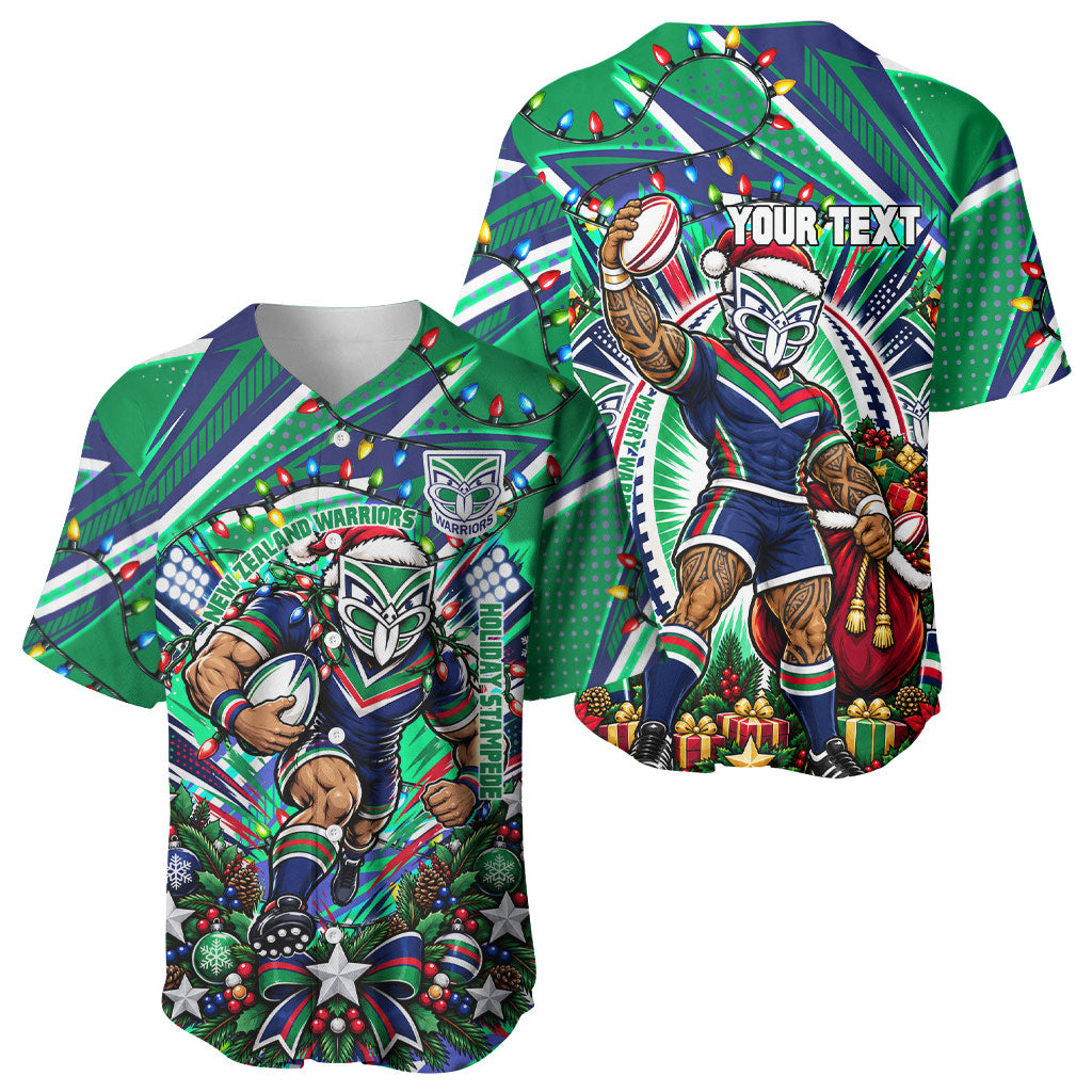Personalized New Zealand Warriors Rugby Christmas Baseball Jersey Holiday Mascot Graphic Art Festive Lights Bow