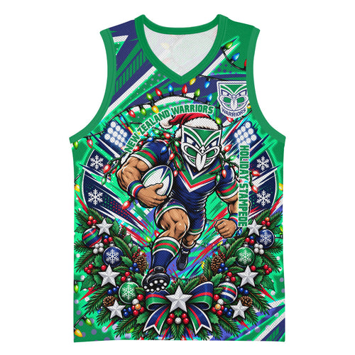 Personalized New Zealand Warriors Rugby Christmas Basketball Jersey Holiday Mascot Graphic Art Festive Lights Bow