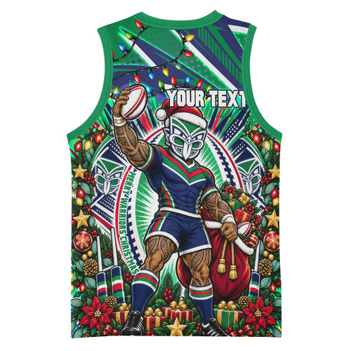 Personalized New Zealand Warriors Rugby Christmas Basketball Jersey Holiday Mascot Graphic Art Festive Lights Bow