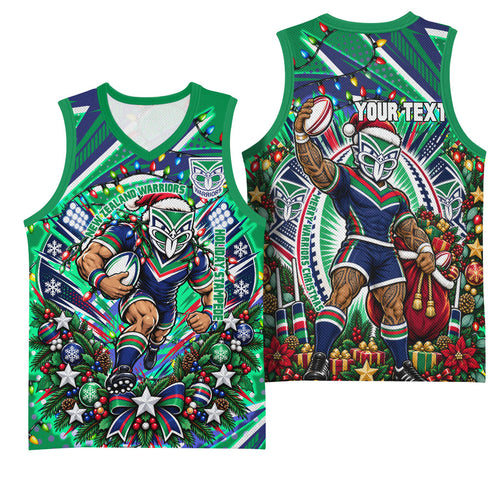 Personalized New Zealand Warriors Rugby Christmas Basketball Jersey Holiday Mascot Graphic Art Festive Lights Bow