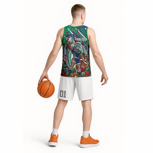 Personalized New Zealand Warriors Rugby Christmas Basketball Jersey Holiday Mascot Graphic Art Festive Lights Bow