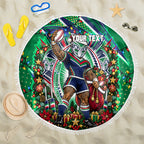 Personalized New Zealand Warriors Rugby Christmas Beach Blanket Holiday Mascot Graphic Art Festive Lights Bow