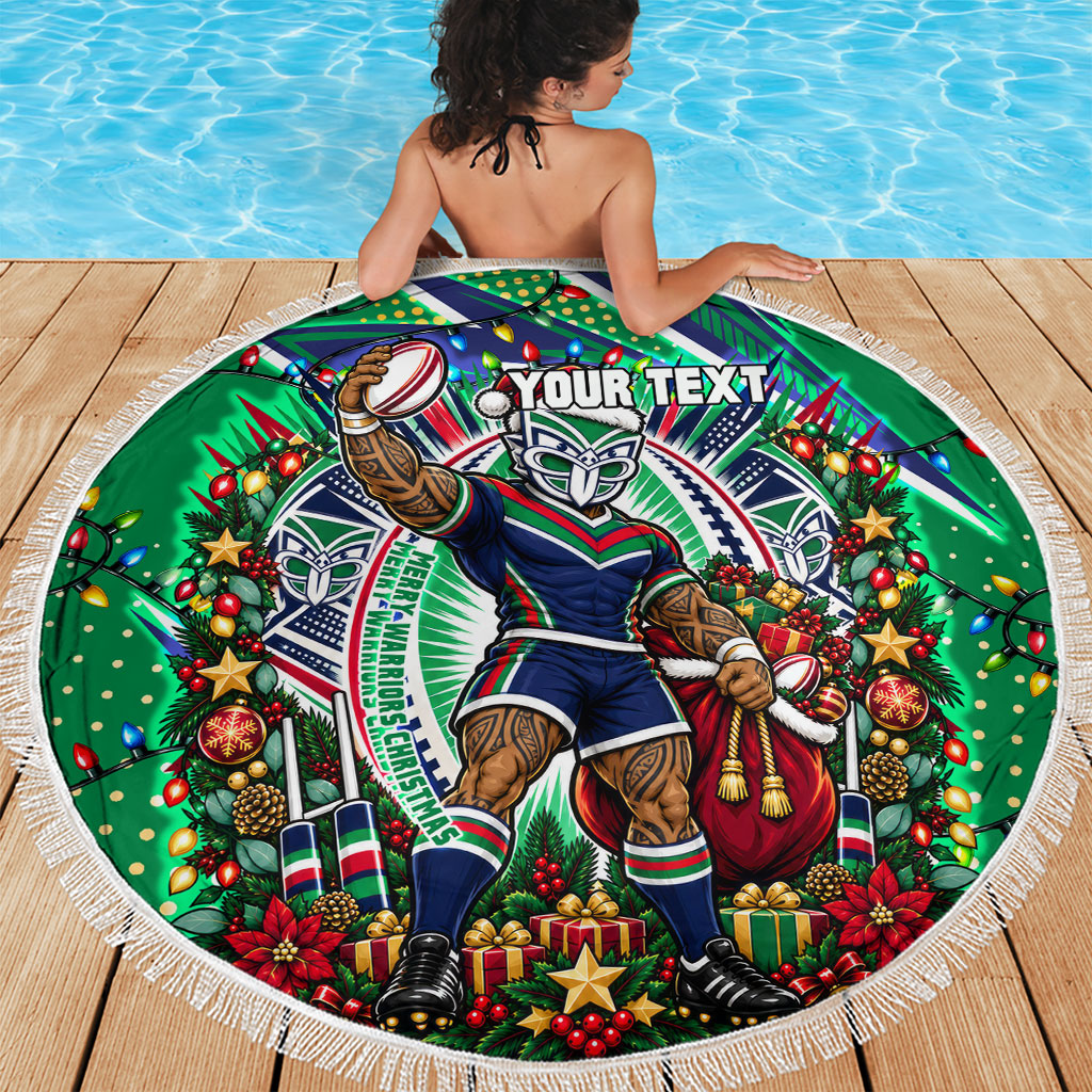 Personalized New Zealand Warriors Rugby Christmas Beach Blanket Holiday Mascot Graphic Art Festive Lights Bow