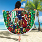 Personalized New Zealand Warriors Rugby Christmas Beach Blanket Holiday Mascot Graphic Art Festive Lights Bow