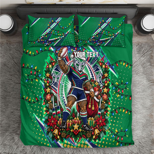 Personalized New Zealand Warriors Rugby Christmas Bedding Set Holiday Mascot Graphic Art Festive Lights Bow