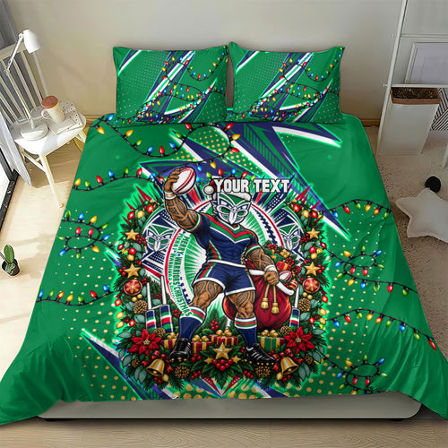 Personalized New Zealand Warriors Rugby Christmas Bedding Set Holiday Mascot Graphic Art Festive Lights Bow