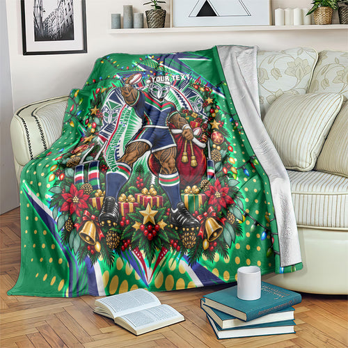 Personalized New Zealand Warriors Rugby Christmas Blanket Holiday Mascot Graphic Art Festive Lights Bow