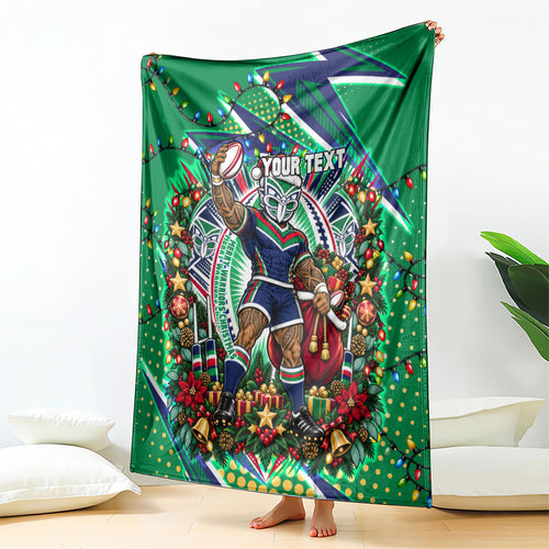 Personalized New Zealand Warriors Rugby Christmas Blanket Holiday Mascot Graphic Art Festive Lights Bow