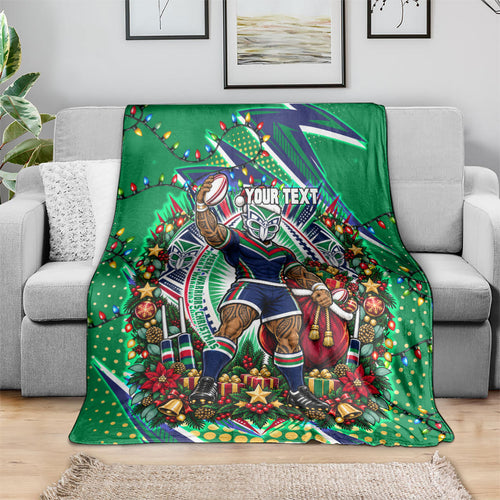 Personalized New Zealand Warriors Rugby Christmas Blanket Holiday Mascot Graphic Art Festive Lights Bow