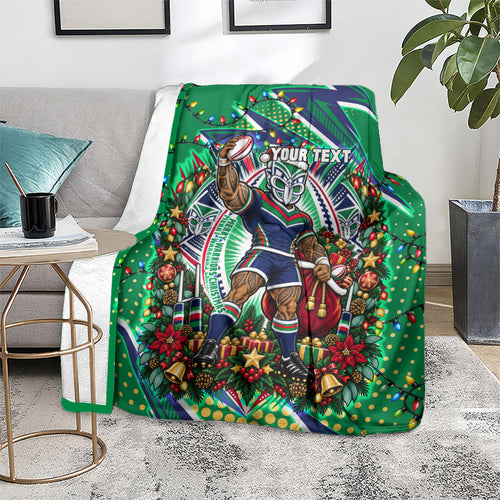 Personalized New Zealand Warriors Rugby Christmas Blanket Holiday Mascot Graphic Art Festive Lights Bow