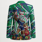 Personalized New Zealand Warriors Rugby Christmas Blazer Holiday Mascot Graphic Art Festive Lights Bow