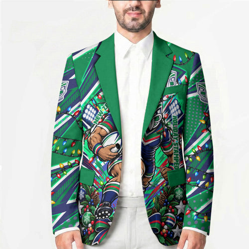 Personalized New Zealand Warriors Rugby Christmas Blazer Holiday Mascot Graphic Art Festive Lights Bow