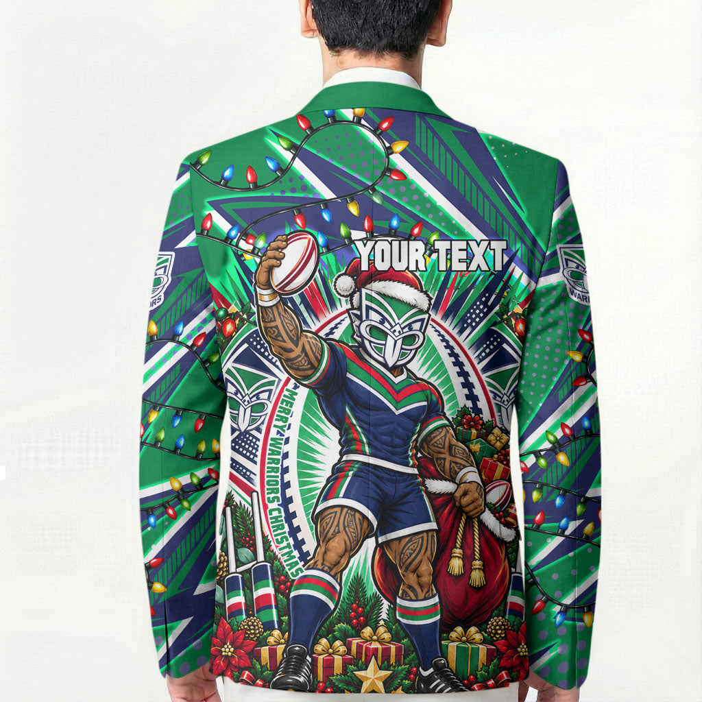 Personalized New Zealand Warriors Rugby Christmas Blazer Holiday Mascot Graphic Art Festive Lights Bow