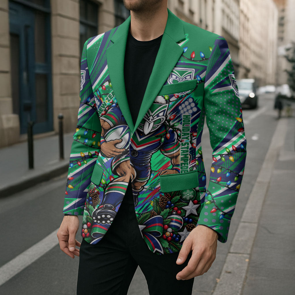 Personalized New Zealand Warriors Rugby Christmas Blazer Holiday Mascot Graphic Art Festive Lights Bow