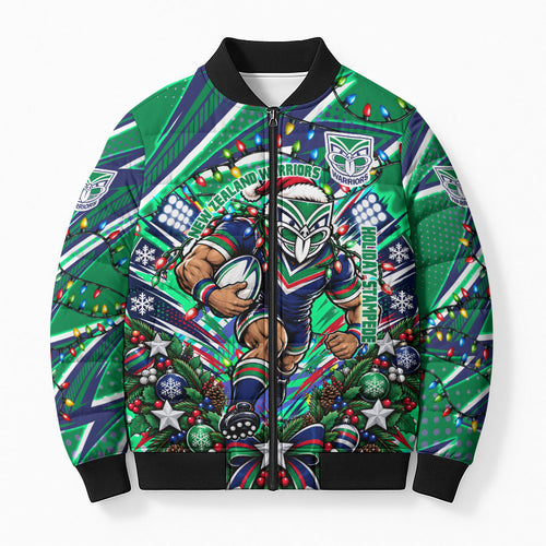 Personalized New Zealand Warriors Rugby Christmas Bomber Puffer Jacket Holiday Mascot Graphic Art Festive Lights Bow
