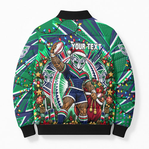Personalized New Zealand Warriors Rugby Christmas Bomber Puffer Jacket Holiday Mascot Graphic Art Festive Lights Bow