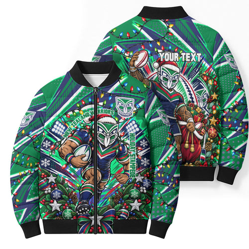 Personalized New Zealand Warriors Rugby Christmas Bomber Puffer Jacket Holiday Mascot Graphic Art Festive Lights Bow