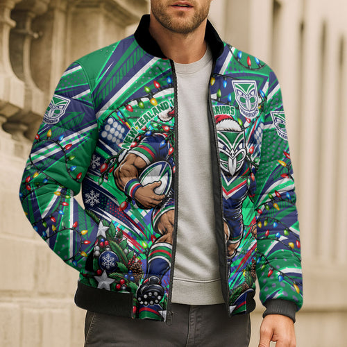 Personalized New Zealand Warriors Rugby Christmas Bomber Puffer Jacket Holiday Mascot Graphic Art Festive Lights Bow