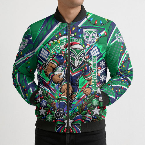 Personalized New Zealand Warriors Rugby Christmas Bomber Puffer Jacket Holiday Mascot Graphic Art Festive Lights Bow