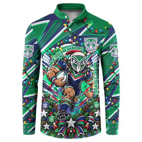 Personalized New Zealand Warriors Rugby Christmas Button Sweatshirt Holiday Mascot Graphic Art Festive Lights Bow