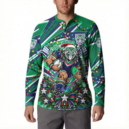 Personalized New Zealand Warriors Rugby Christmas Button Sweatshirt Holiday Mascot Graphic Art Festive Lights Bow